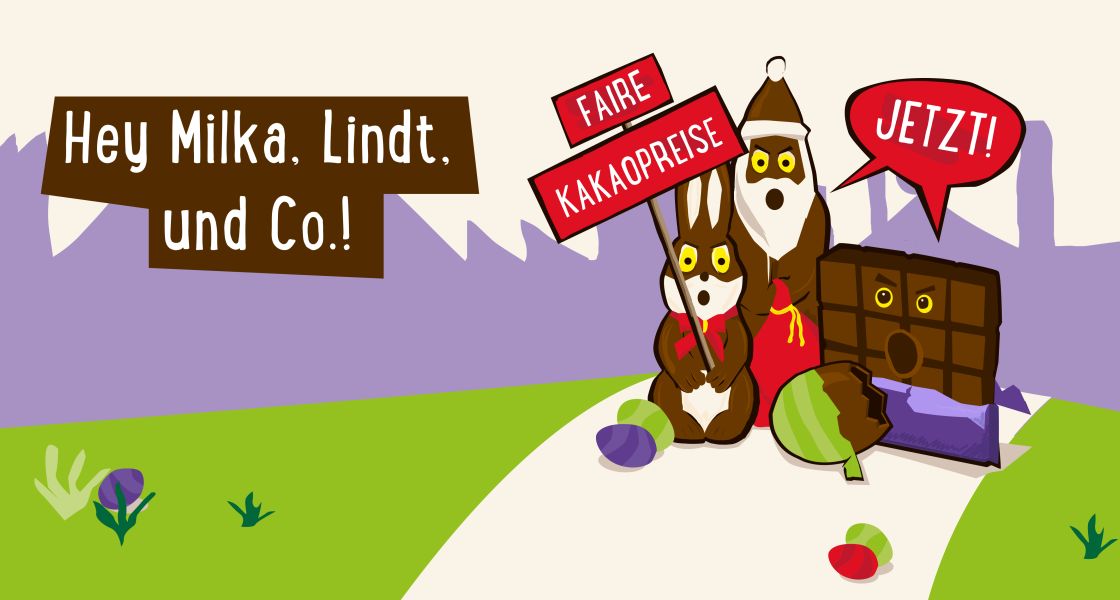 Illustration: Schokohase hält ein Protestschild in die Höhe