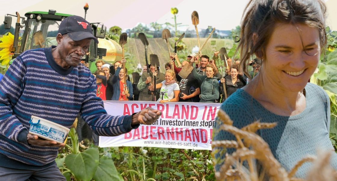 Eine Fotocollage: ein Bauer, der sät, eine junge Frau im Kornfeld und eine Gruppe junger Menschen mit Schaufeln in der Hand