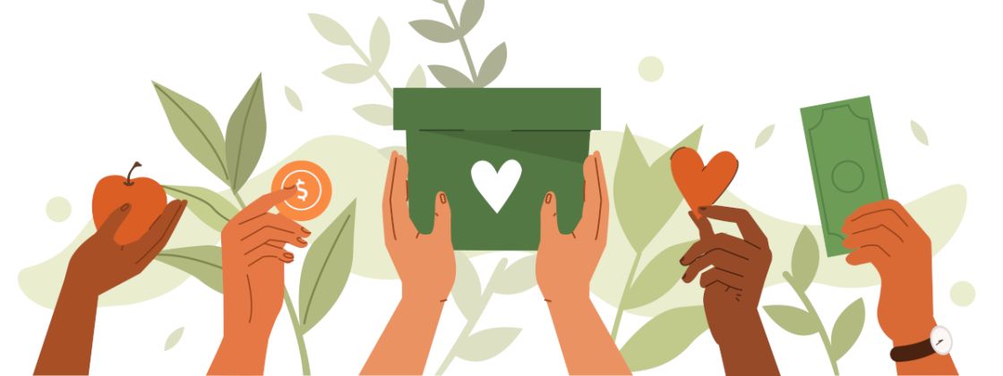 Mehrere Hände halten verschiedene Dinge in die Höhe: Apfel, Münze, Geschenkkarton, Herz, Geldschein