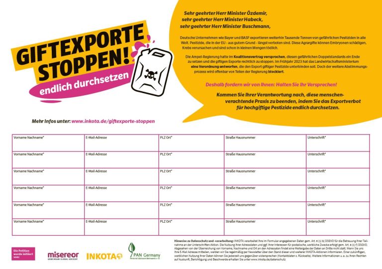 Unterschriftenliste Giftexporte stoppen