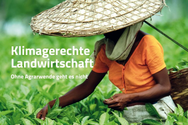 Das Cover des Südlink 199 zu Klimagerechte Landwirtschaft, auf dem eine Person zu sehen ist, die auf einem Feld Tee pflückt