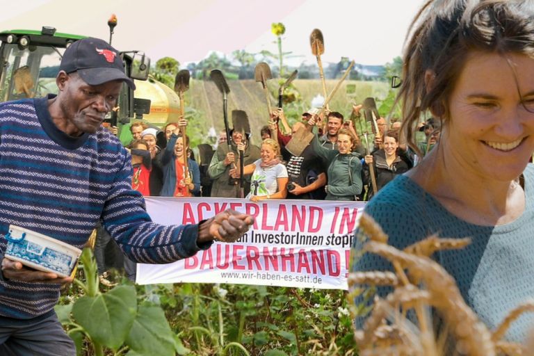 Eine Fotocollage: ein Bauer, der sät, eine junge Frau im Kornfeld und eine Gruppe junger Menschen mit Schaufeln in der Hand